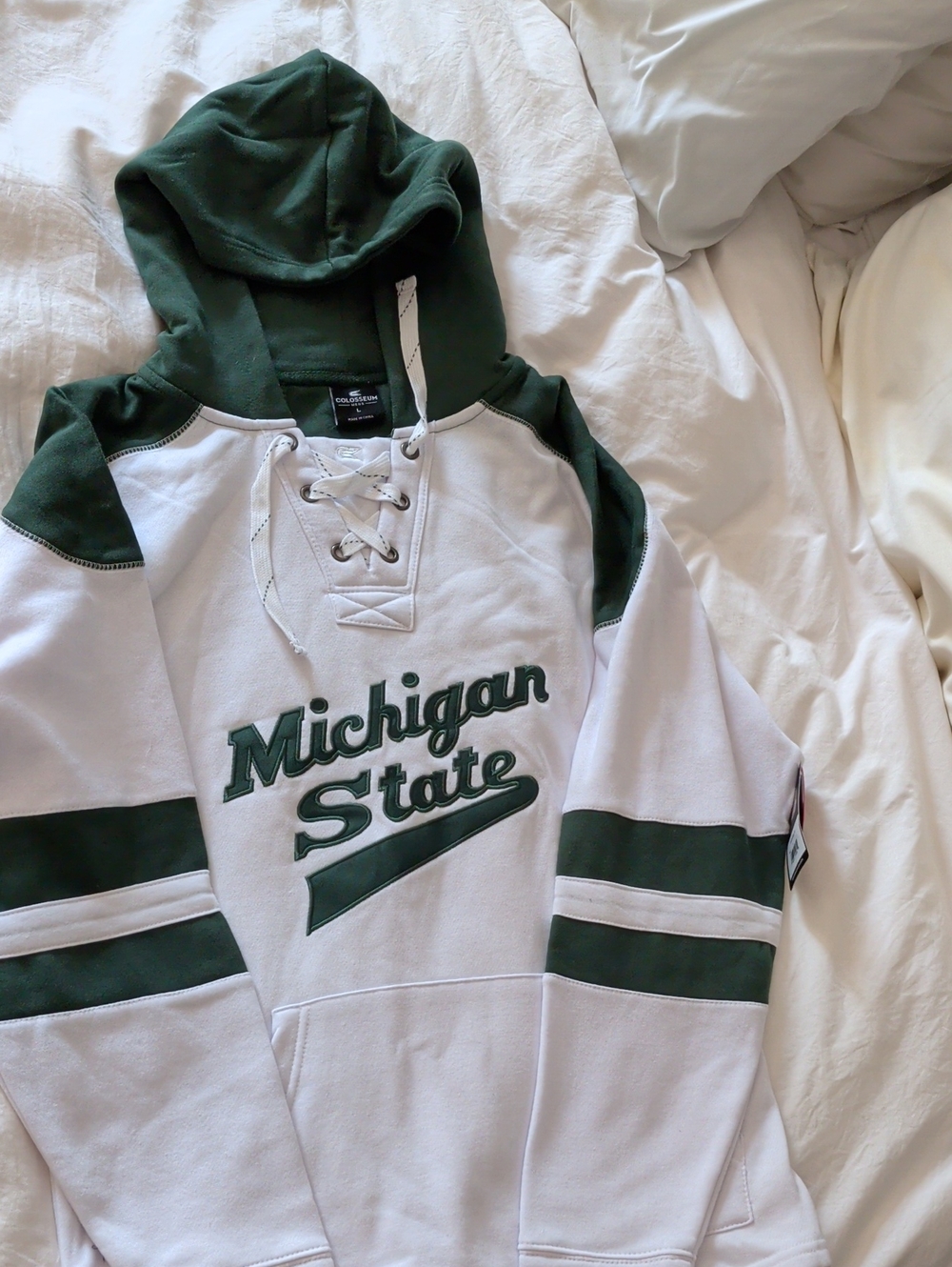 Colosseum White and Dark Green Michigan State Lace-Up Crewneck Sweatshirt